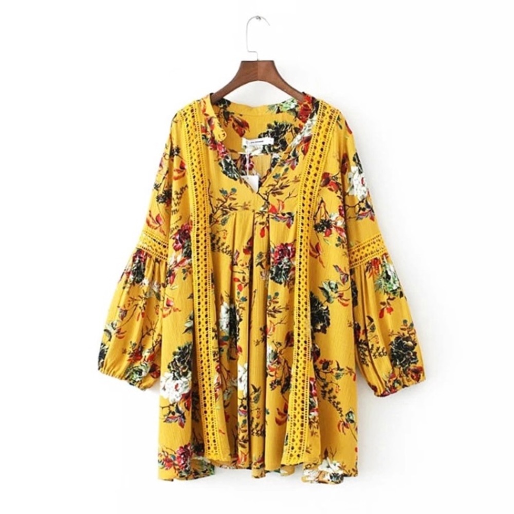 Yellow Boho Crochet Floral Long Sleeve Dress Top - Picture 5 of 7